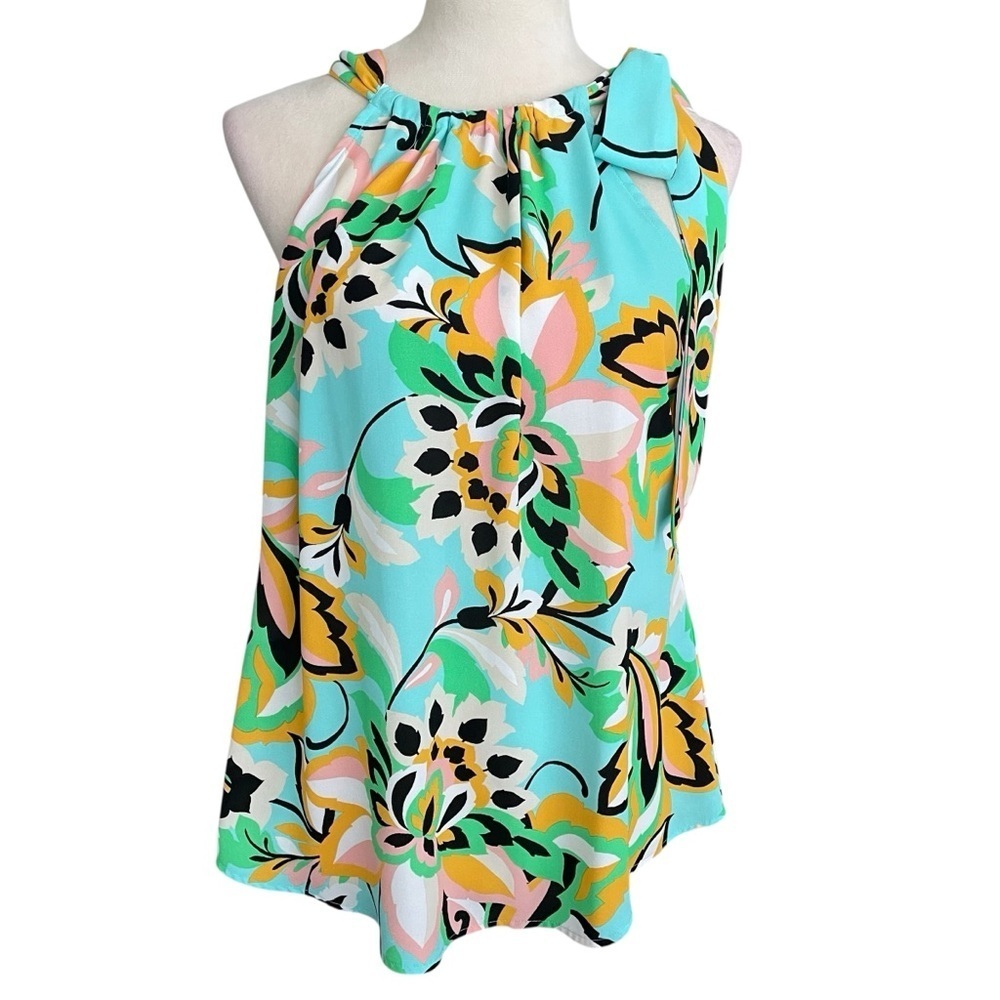 New York & Co Floral Feminine Chic Beachy Side Bow Colorful Halter Top Women‎ M